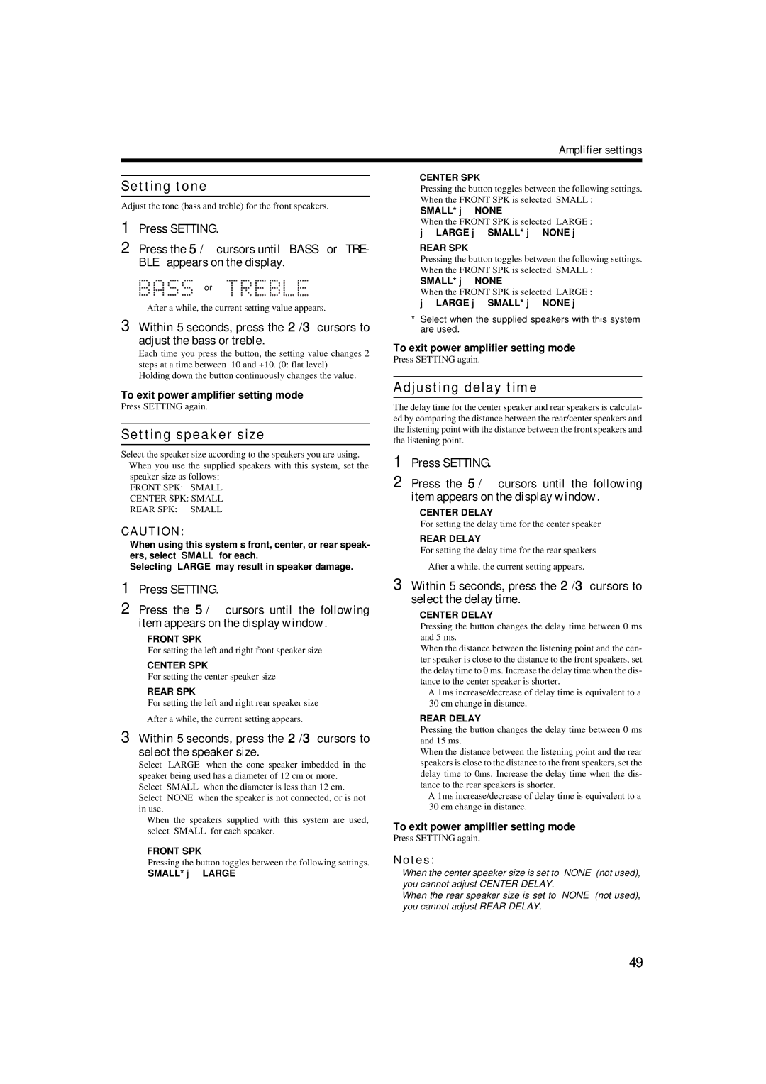 JVC TH-A9 manual Setting tone, Setting speaker size, Adjusting delay time, SMALL* j None, SMALL* j Large 