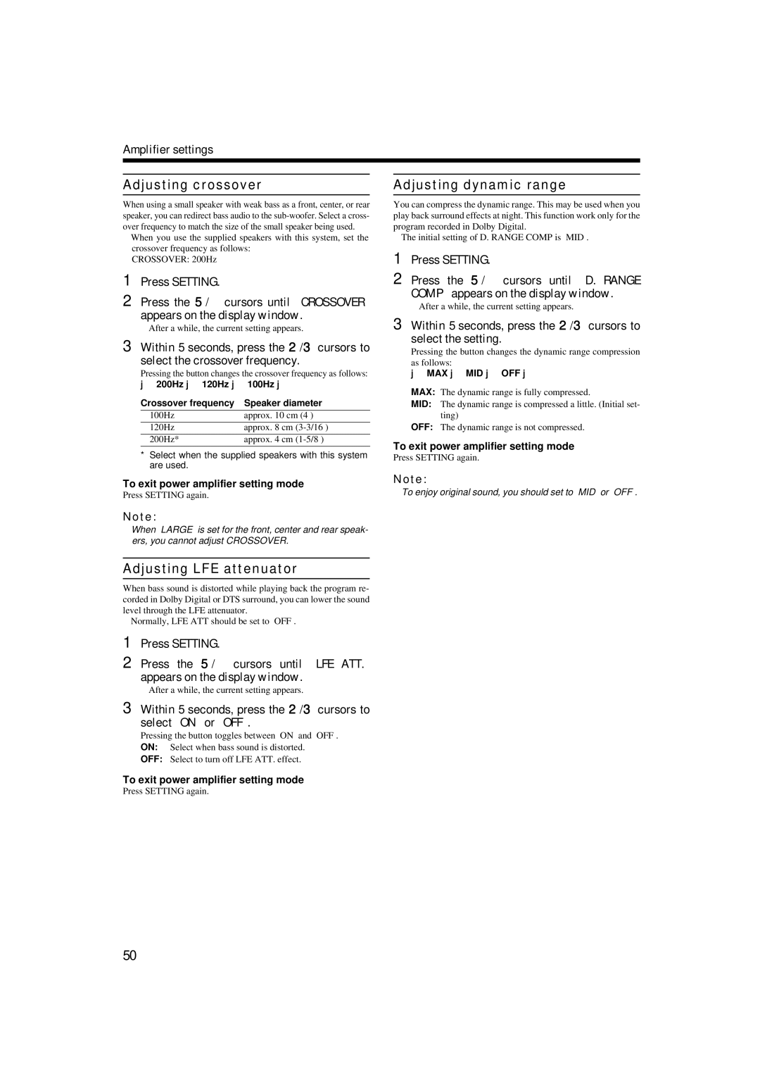 JVC TH-A9 manual Adjusting crossover, Adjusting dynamic range, Adjusting LFE attenuator, MAX j MID j OFF j 