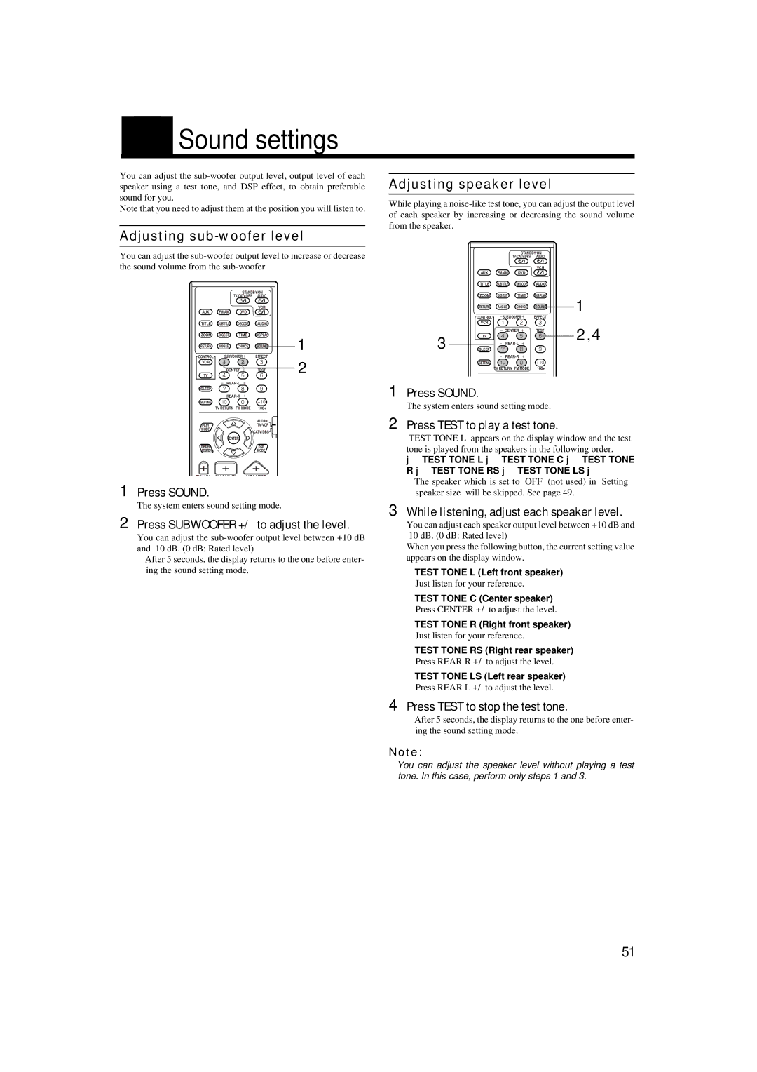 JVC TH-A9 manual Sound settings, Adjusting speaker level, Adjusting sub-woofer level 