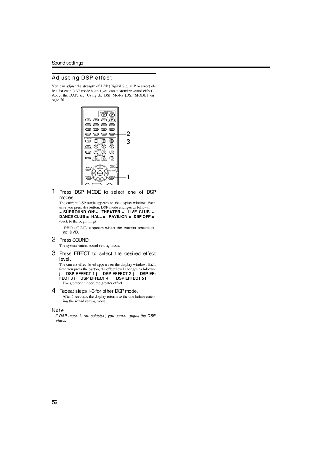 JVC TH-A9 Adjusting DSP effect, Press DSP Mode to select one of DSP modes, Press Effect to select the desired effect level 