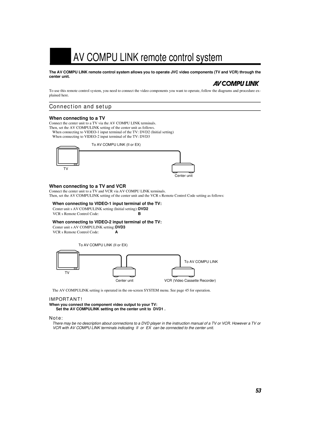 JVC TH-A9 Connection and setup, When connecting to a TV and VCR, When connecting to VIDEO-1 input terminal of the TV 