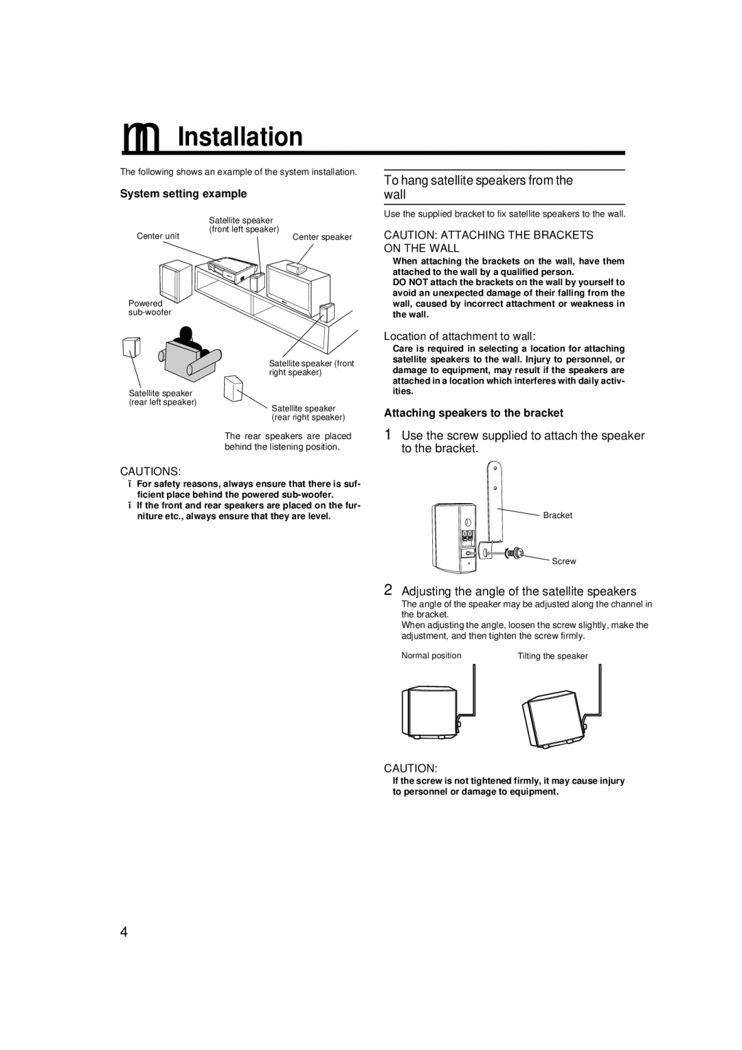 JVC TH-A9 manual Installation, To hang satellite speakers from the wall, Adjusting the angle of the satellite speakers 