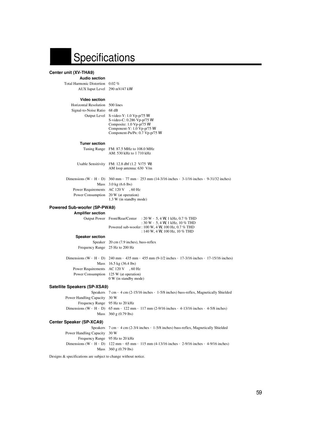JVC TH-A9 manual Specifications, Center unit XV-THA9, Powered Sub-woofer SP-PWA9, Satellite Speakers SP-XSA9 