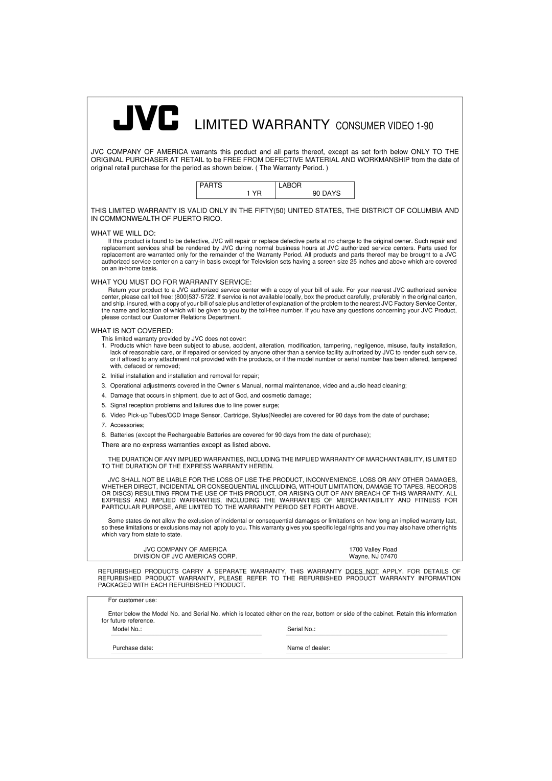 JVC TH-A9 manual Limited Warranty Consumer Video 