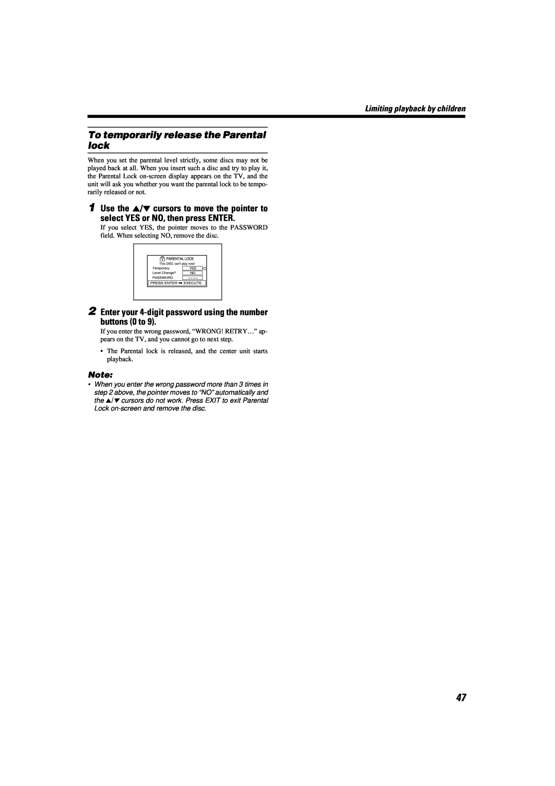 JVC TH-A9 To temporarily release the Parental lock, 1Use the 5/ cursors to move the pointer to, buttons 0 to, English 