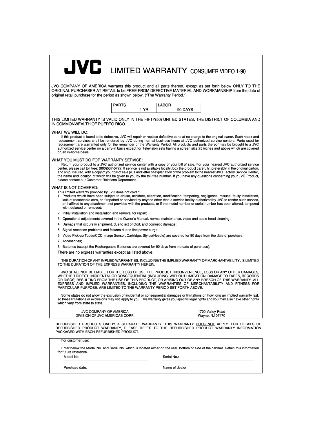 JVC TH-A9 manual Limited Warranty Consumer Video, English English English English English English 