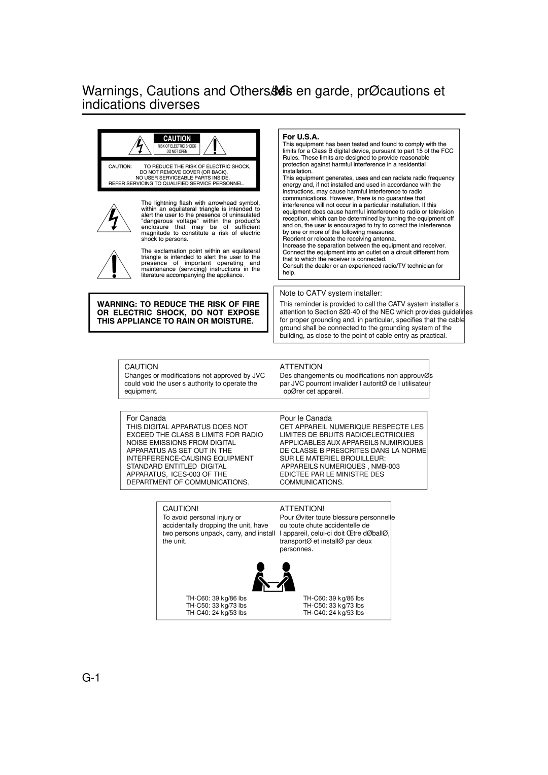 JVC TH-C40, TH-C60, TH-C50 manual For Canada Pour le Canada 