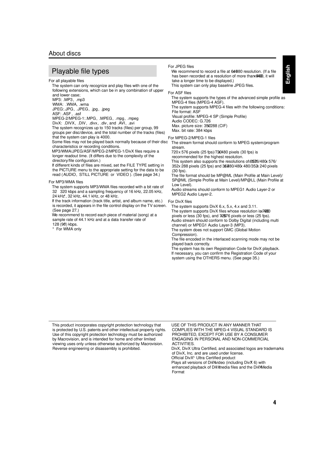 JVC TH-C50, TH-C60, TH-C40 manual Playable file types 