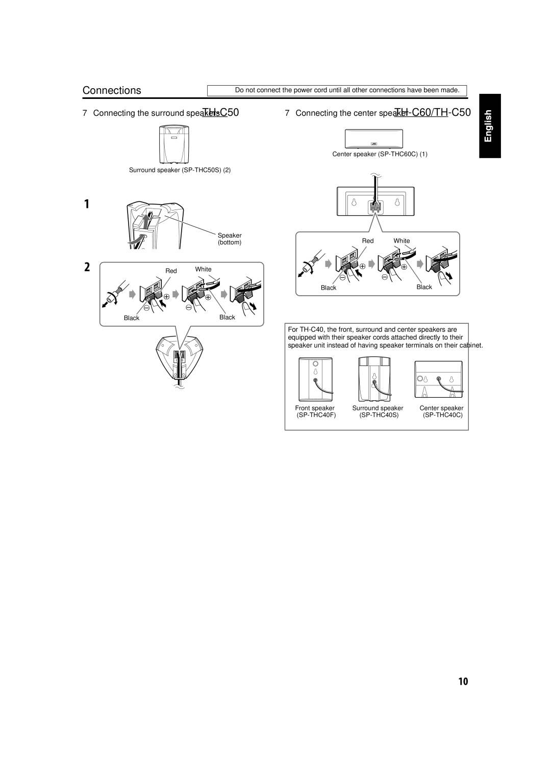 JVC TH-C60, TH-C40 manual Connecting the surround speakers TH-C50 