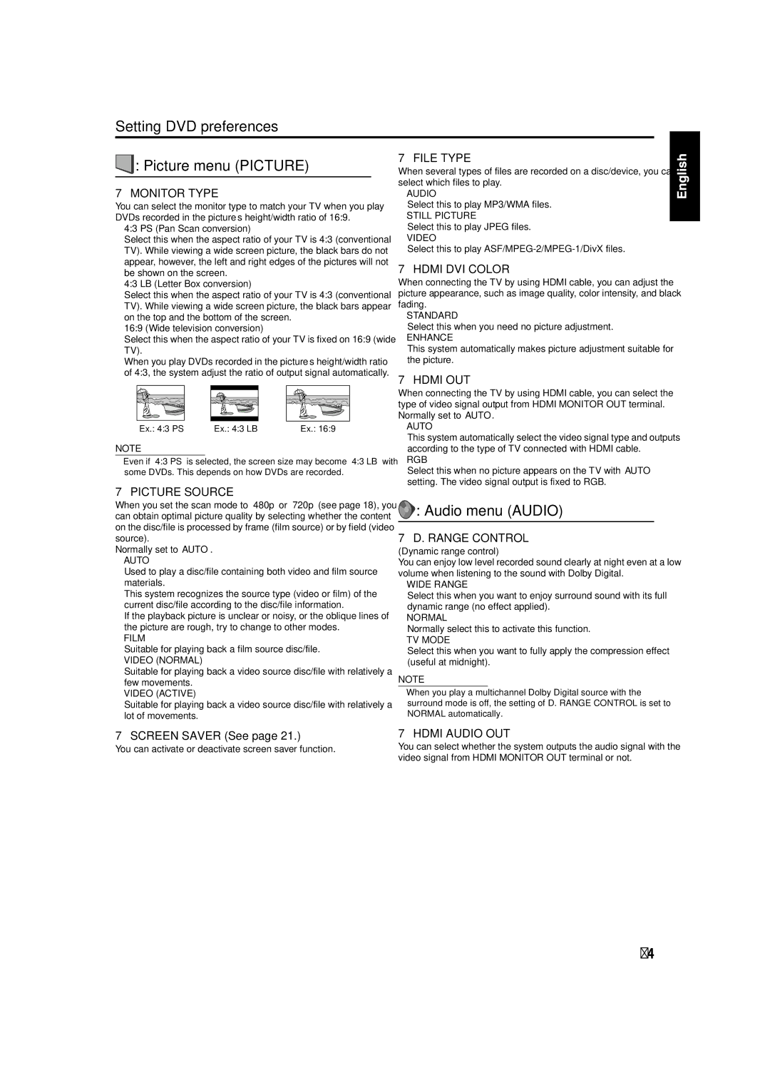 JVC TH-C50, TH-C60, TH-C40 manual Setting DVD preferences Picture menu Picture 