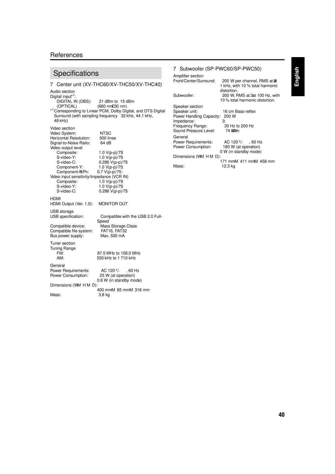 JVC TH-C50, TH-C60, TH-C40 manual References, Distortion Subwoofer 