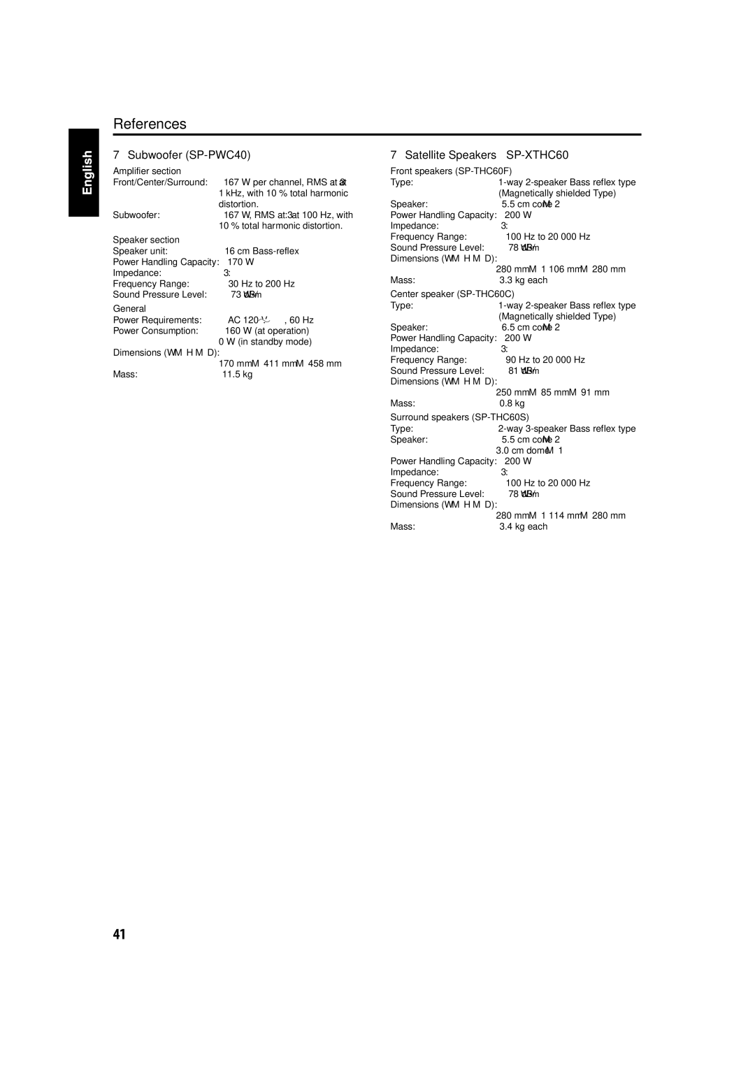 JVC TH-C40, TH-C60, TH-C50 manual Per channel, RMS at 3 Ω at 