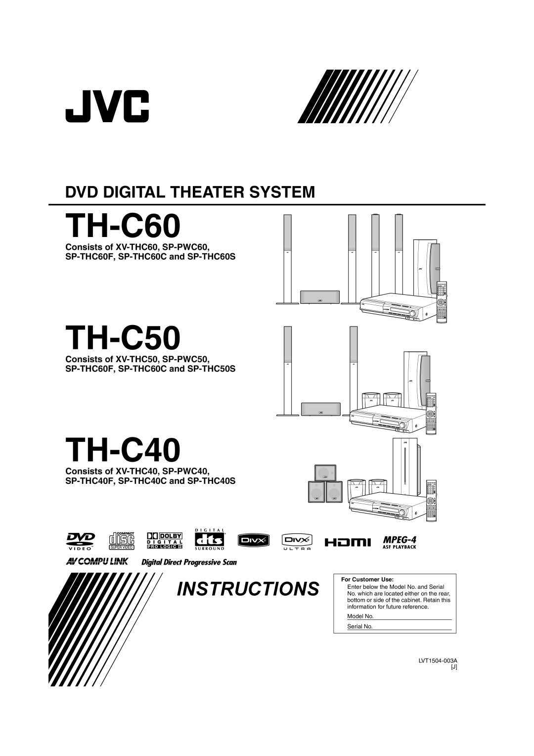 JVC TH-C50 manual TH-C60, TH-C40, Instructions, Dvd Digital Theater System, For Customer Use, Model No, Serial No 