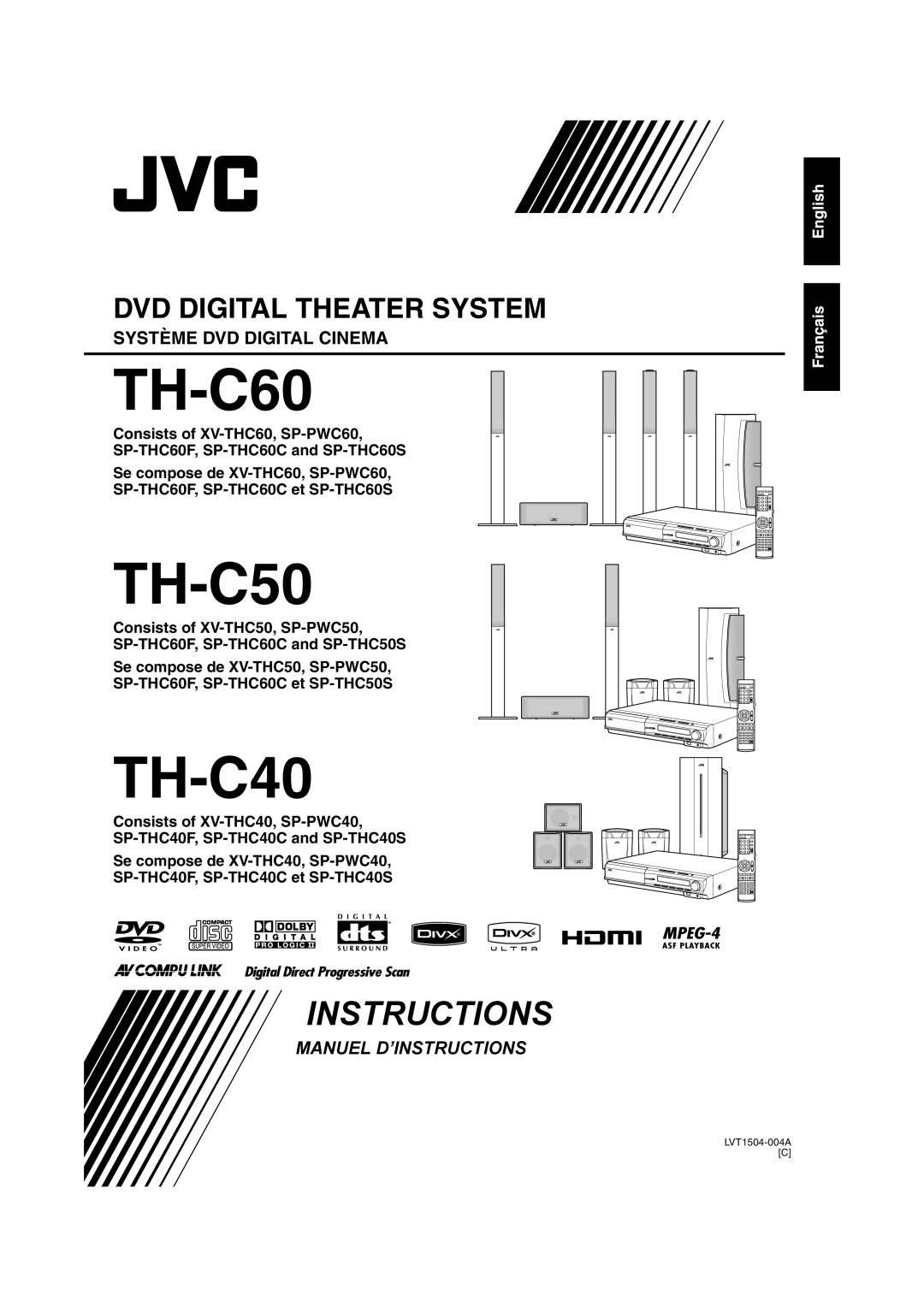 JVC TH-C50 manual TH-C60, TH-C40, Dvd Digital Theater System, Système Dvd Digital Cinema, Manuel D’Instructions 