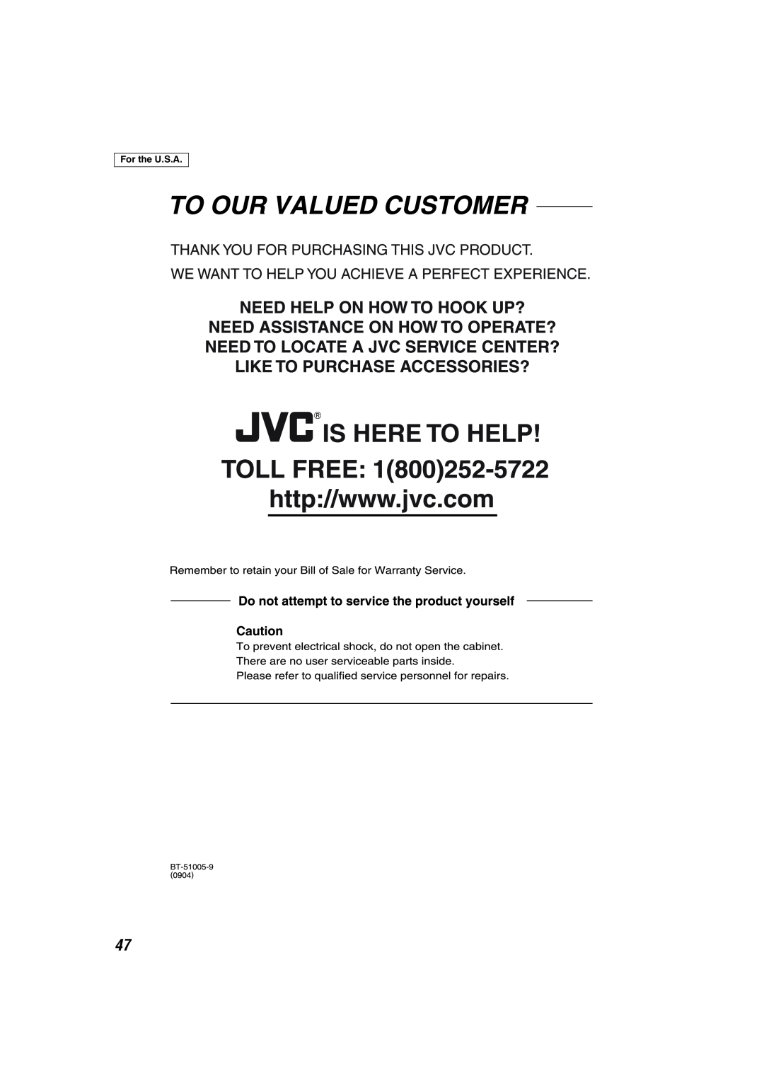 JVC TH-C7, TH-C6 manual For the U.S.A 