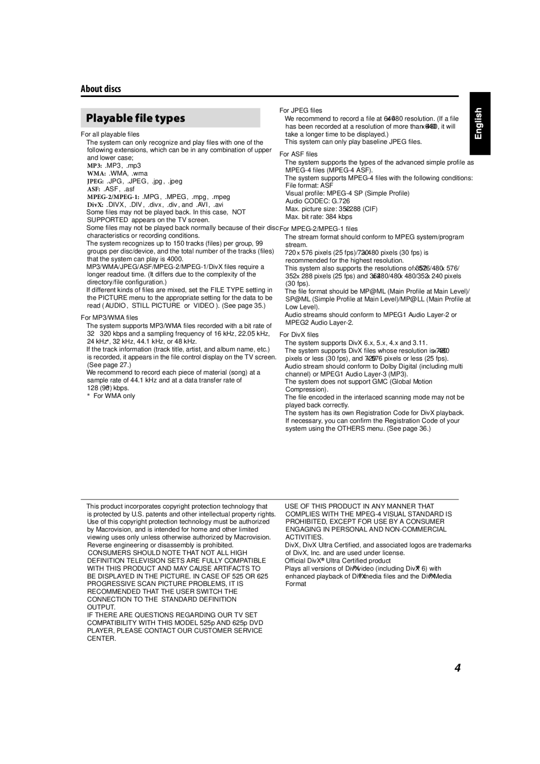 JVC TH-C90 manual Playable file types 