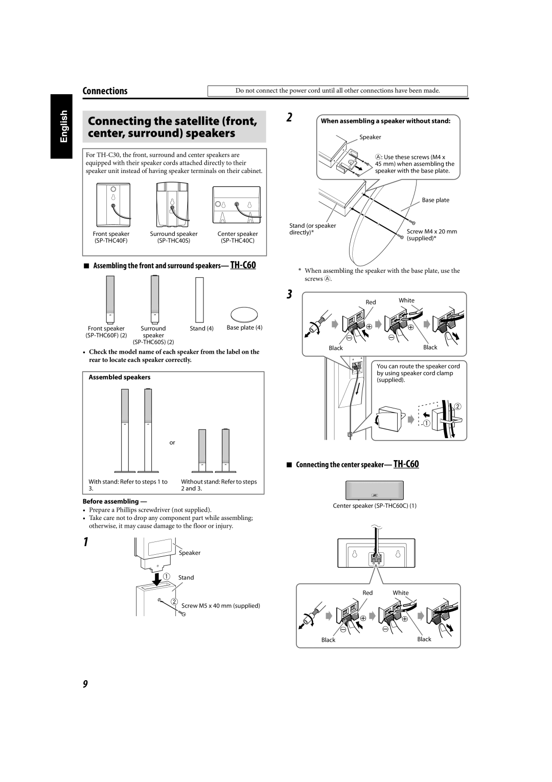 JVC TH-C90 manual Connecting the center speaker- TH-C60, Assembling the front and surround speakers- TH-C60 