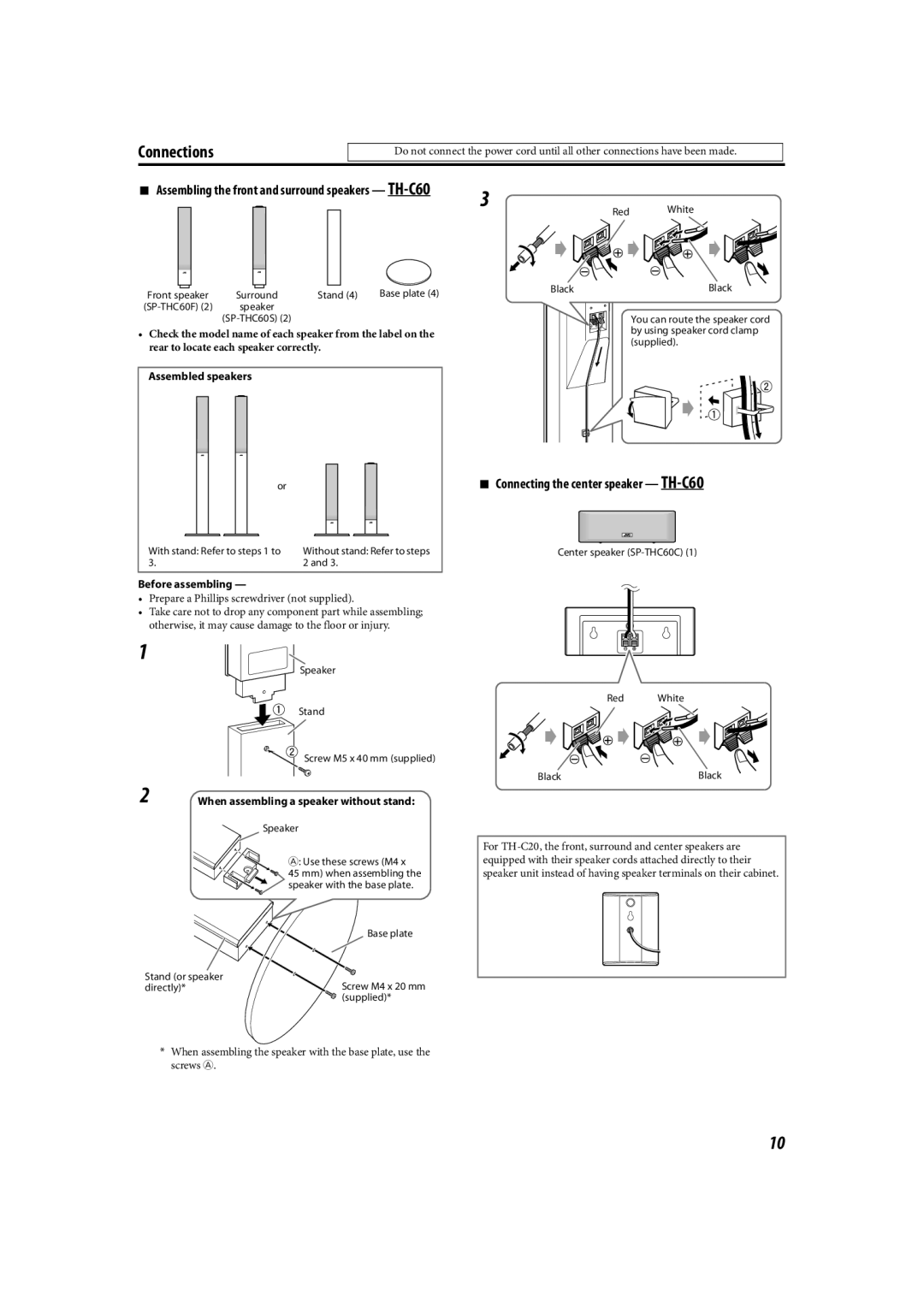 JVC TH-C90 manual Connecting the center speaker TH-C60, Assembling the front and surround speakers TH-C60 