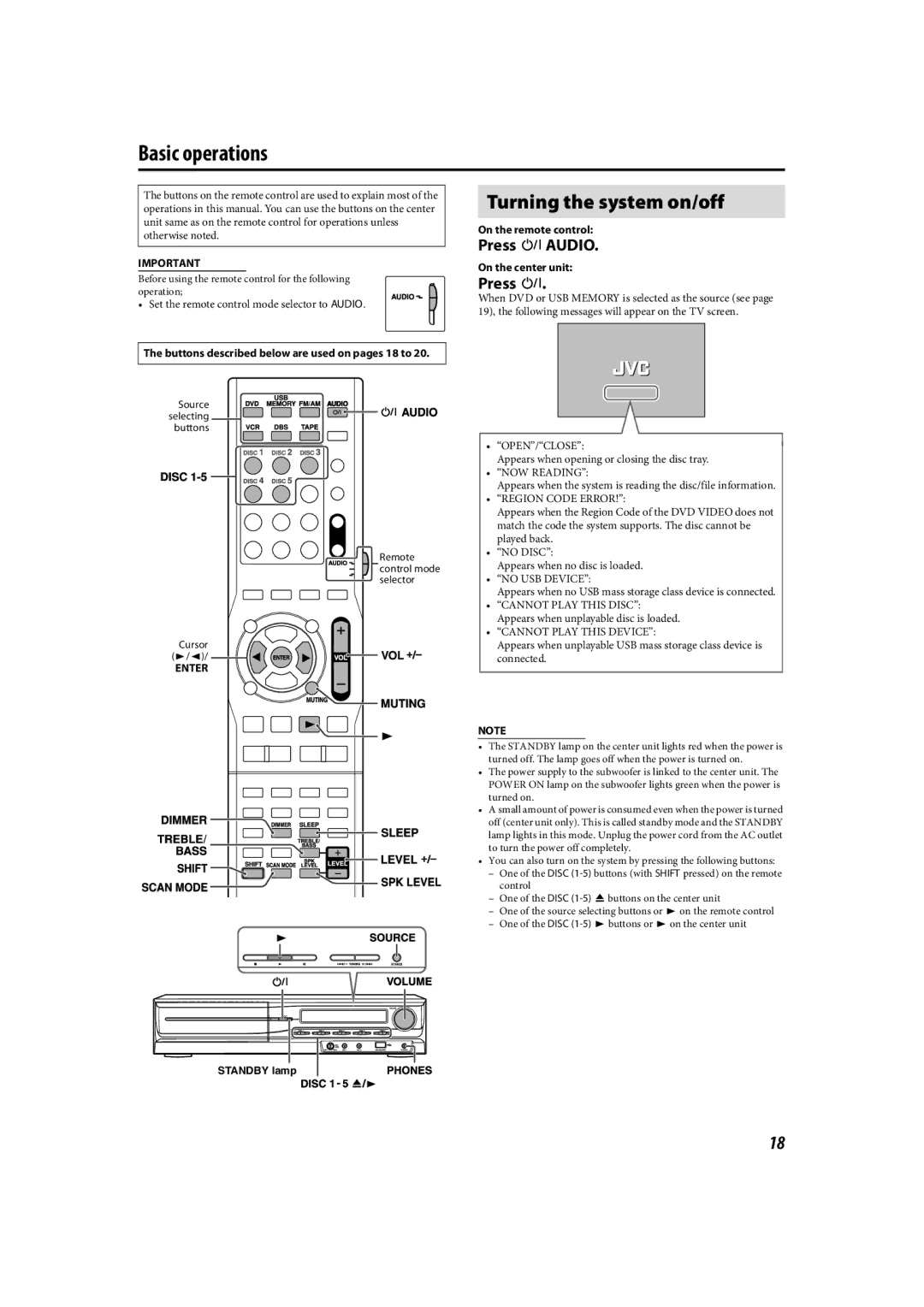 JVC TH-C90 manual Basic operations, Turning the system on/off, Press Faudio 