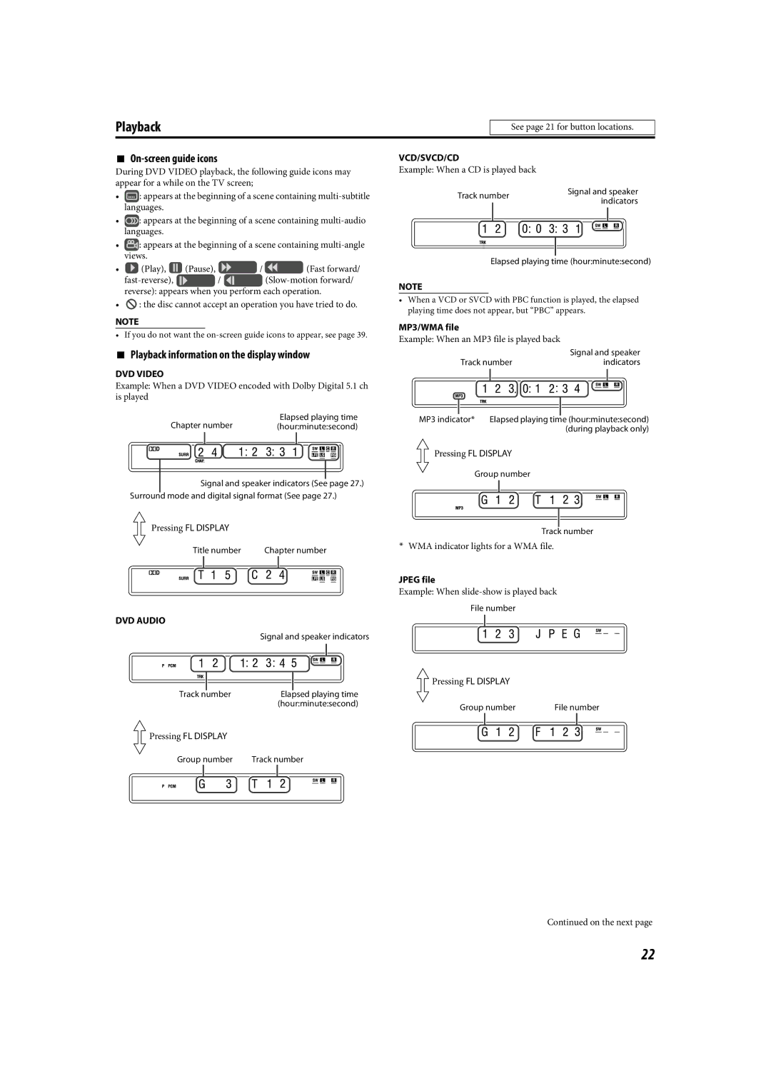 JVC TH-C90 manual On-screen guide icons, Playback information on the display window, MP3/WMA file, Jpeg file 