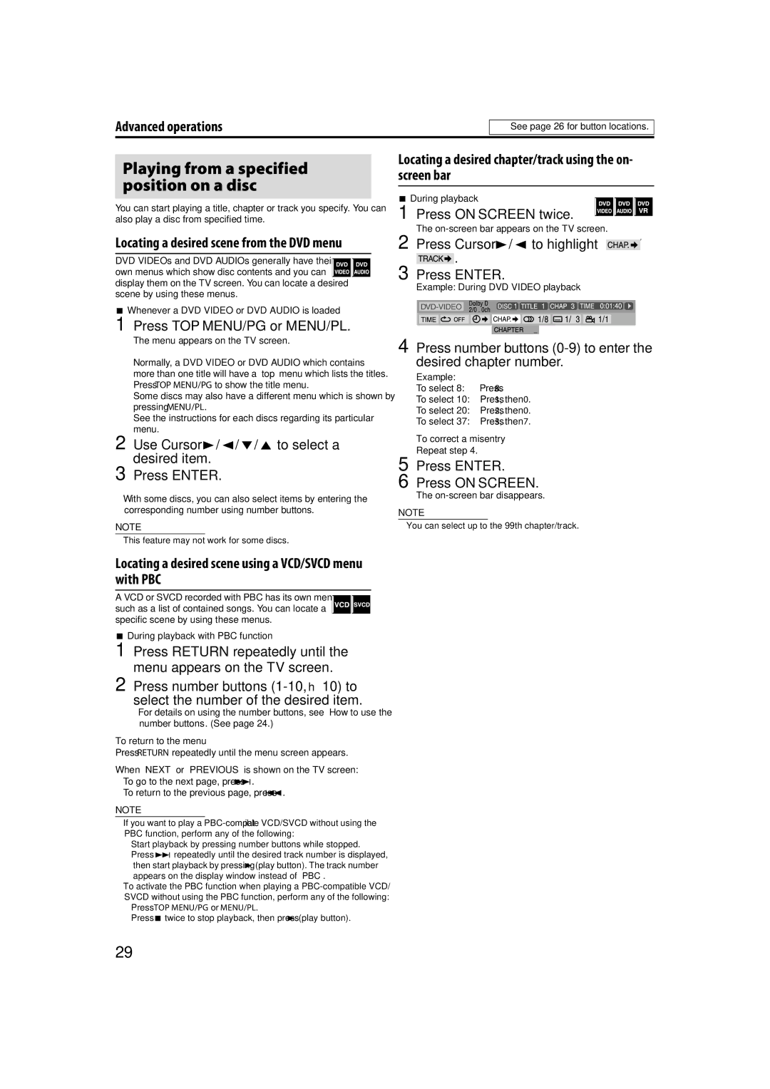 JVC TH-C90 manual Locating a desired scene using a VCD/SVCD menu with PBC 