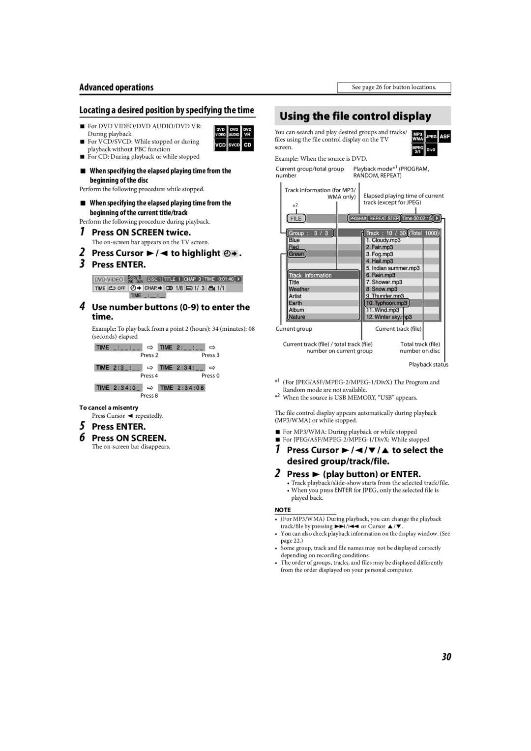 JVC TH-C90 manual Using the file control display, Locating a desired position by specifying the time, Beginning of the disc 