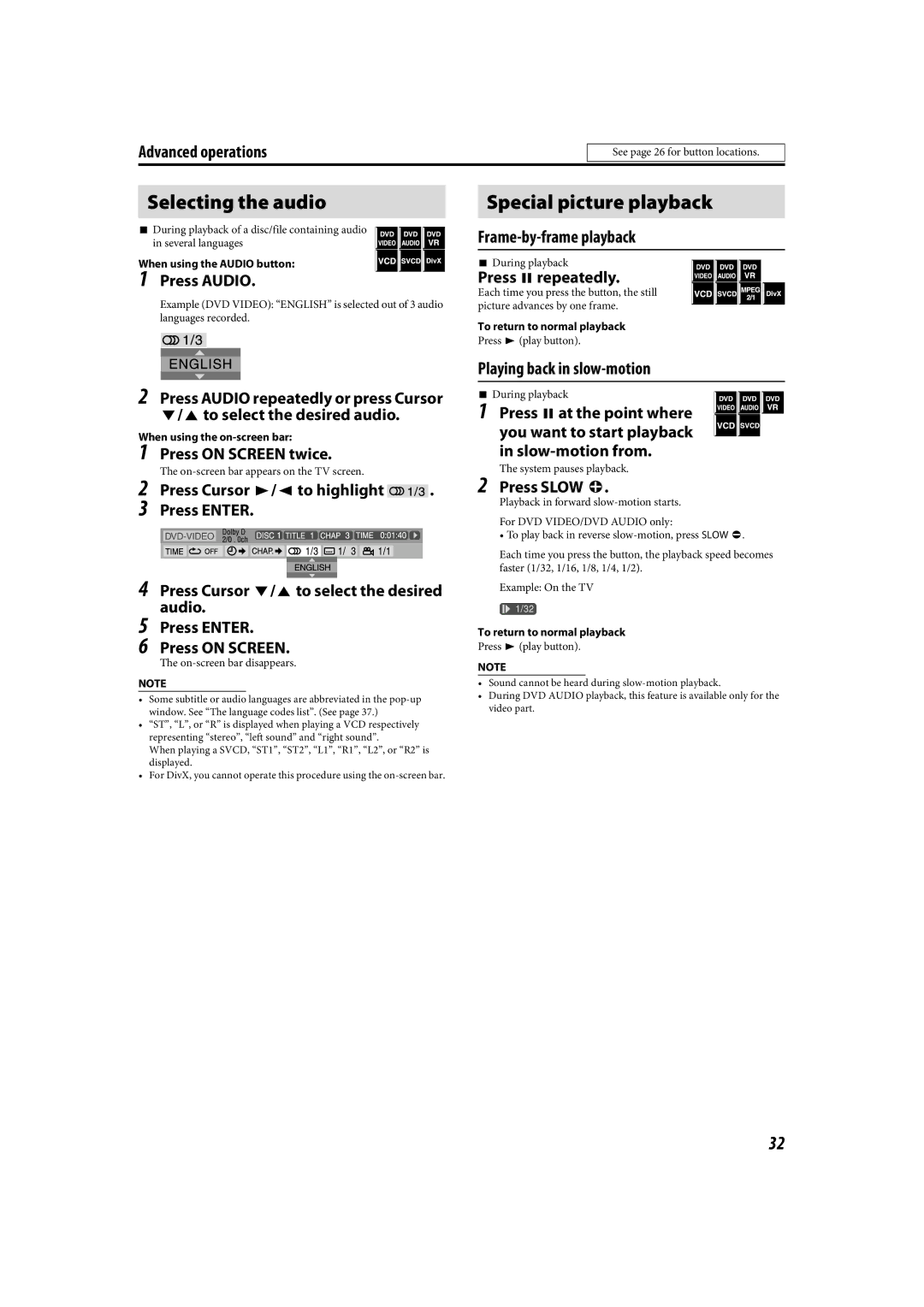 JVC TH-C90 manual Selecting the audio, Special picture playback, Frame-by-frame playback, Playing back in slow-motion 