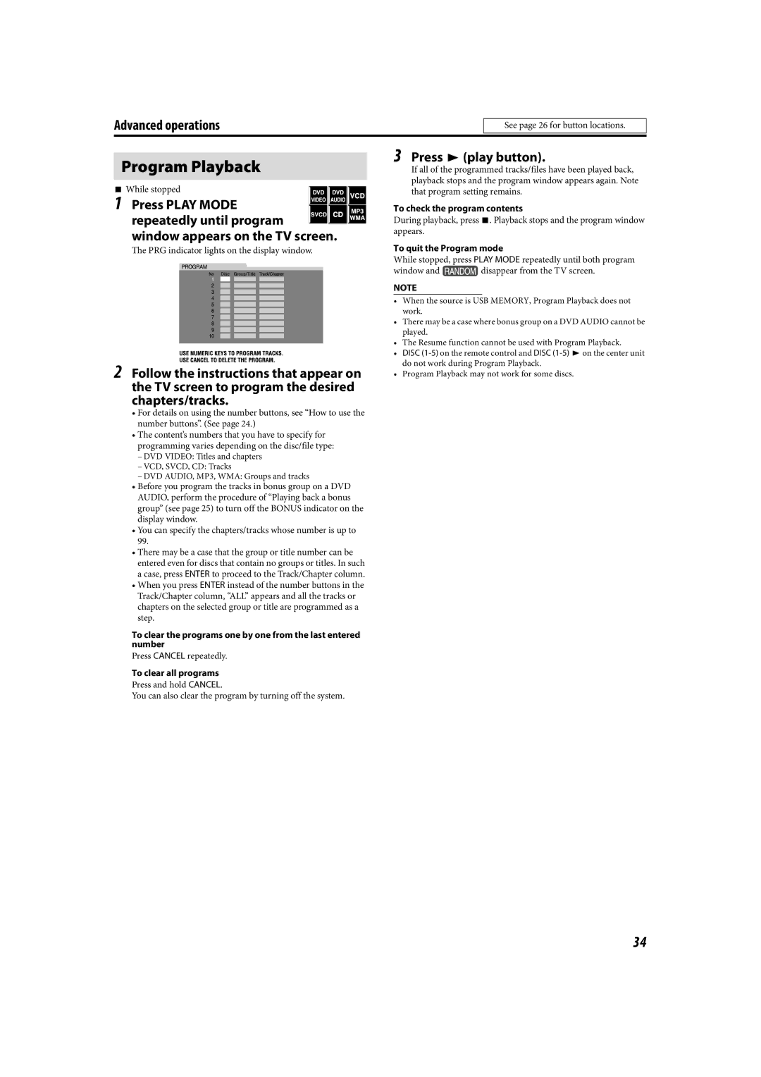 JVC TH-C90 manual Program Playback, Press 3 play button, Press Play Mode, Repeatedly until program 