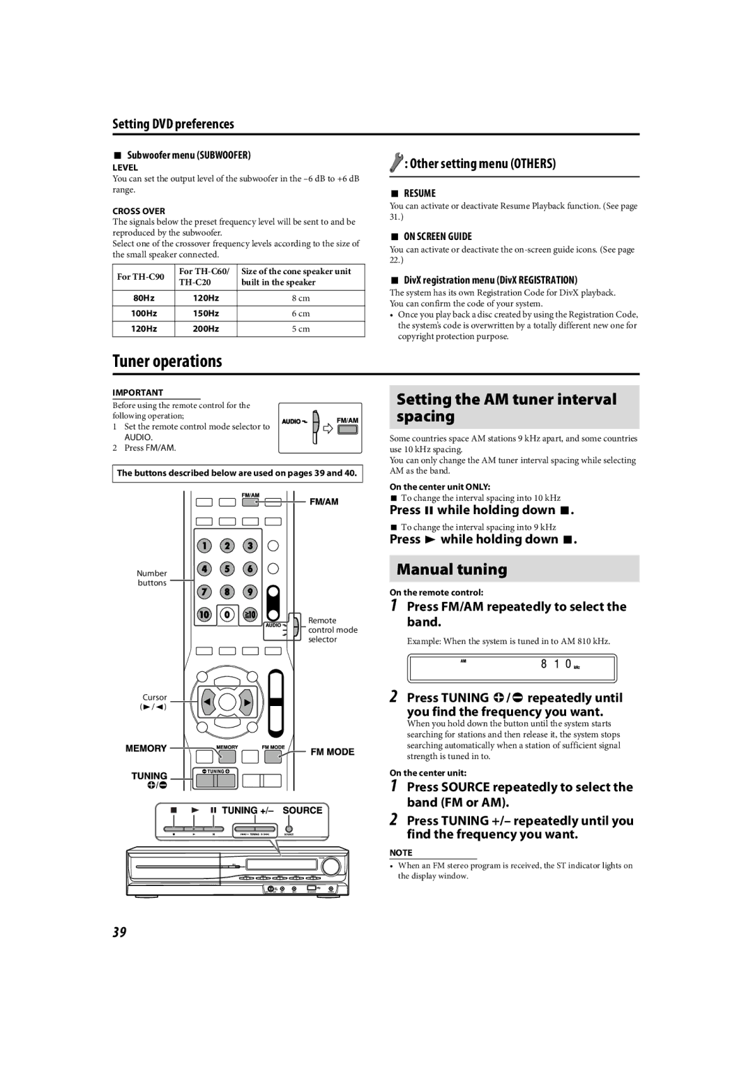 JVC TH-C90 manual Tuner operations, Setting the AM tuner interval spacing, Manual tuning, Setting DVD preferences 