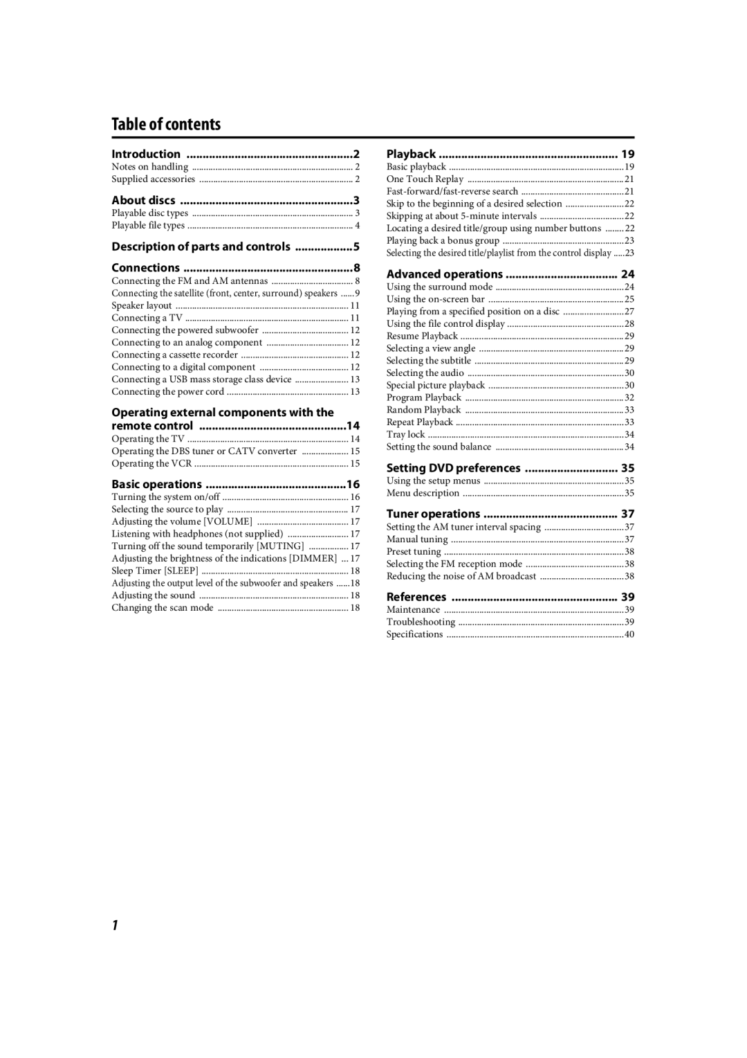 JVC TH-C90 manual Table of contents, Connecting a cassette recorder 