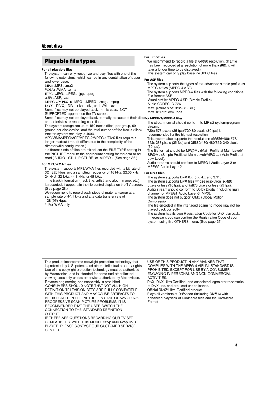 JVC TH-C90 manual Playable file types 