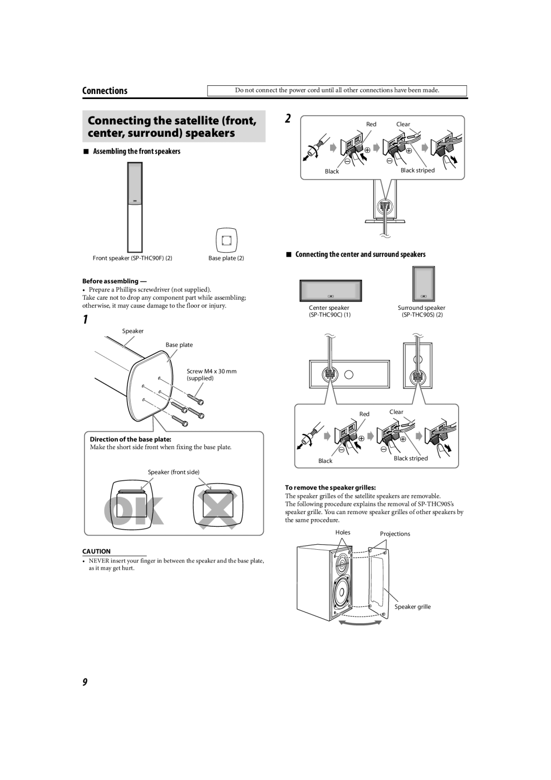 JVC TH-C90 manual Assembling the front speakers, Connecting the center and surround speakers 