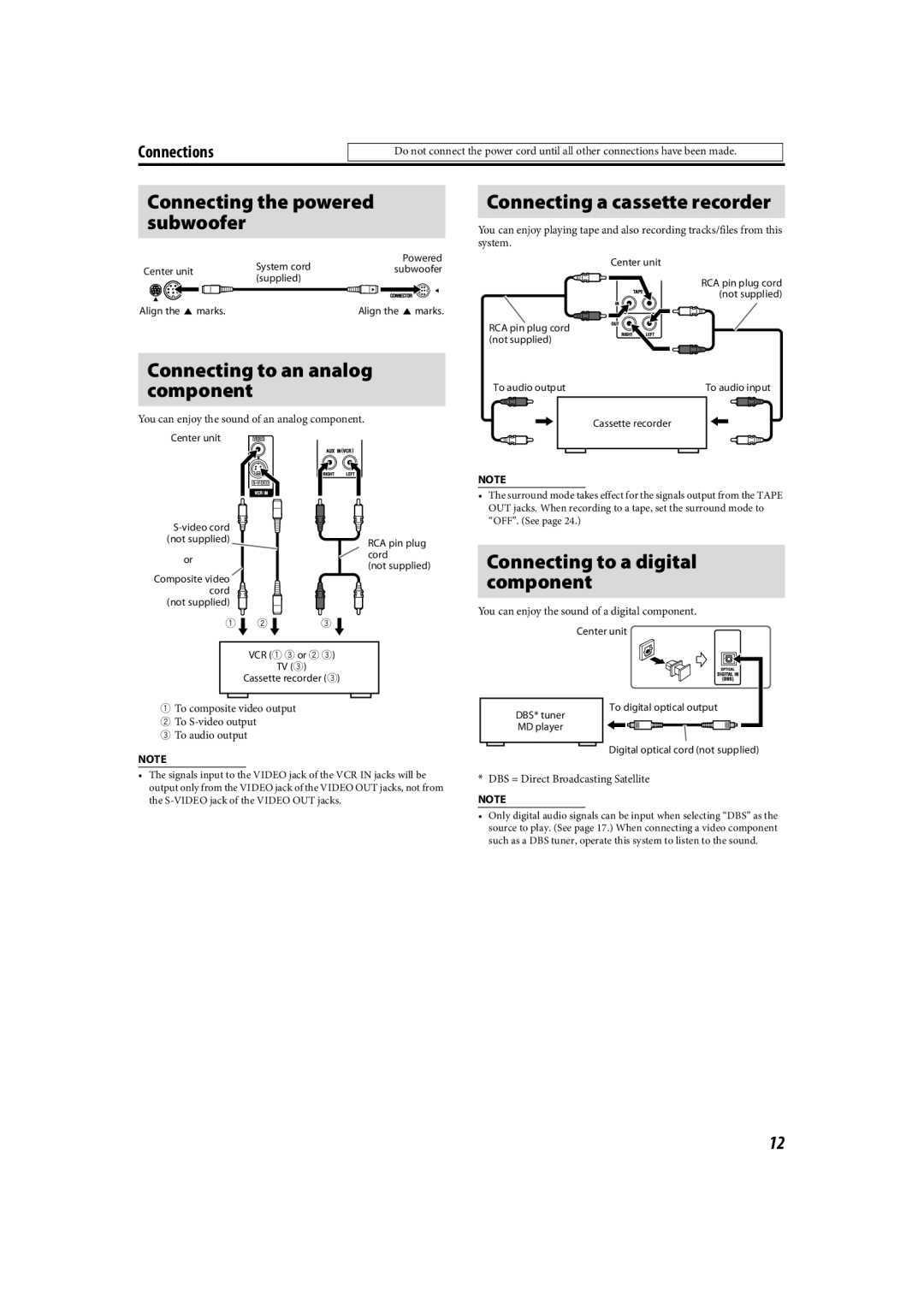 JVC TH-C90 manual Connecting the powered subwoofer, Connecting a cassette recorder 