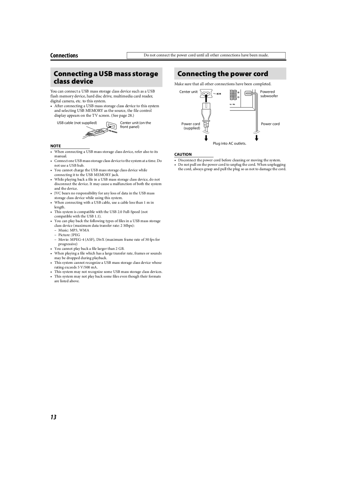 JVC TH-C90 manual Connecting a USB mass storage class device, Make sure that all other connections have been completed 