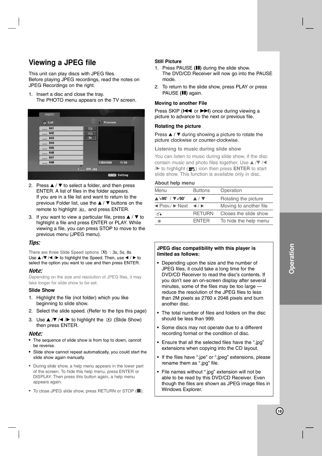 JVC THG31, TH-G31 manual Viewing a Jpeg file, Slide Show, Still Picture, Moving to another File, Rotating the picture 