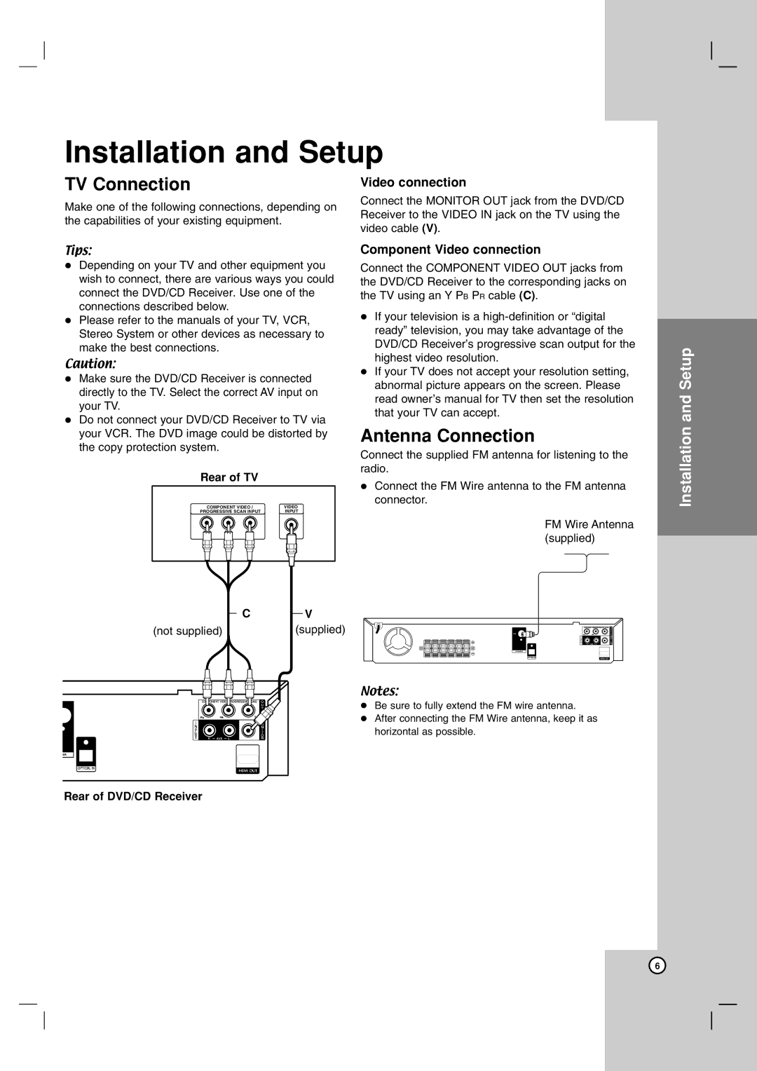 JVC THG31, TH-G31 manual TV Connection, Antenna Connection, Component Video connection 