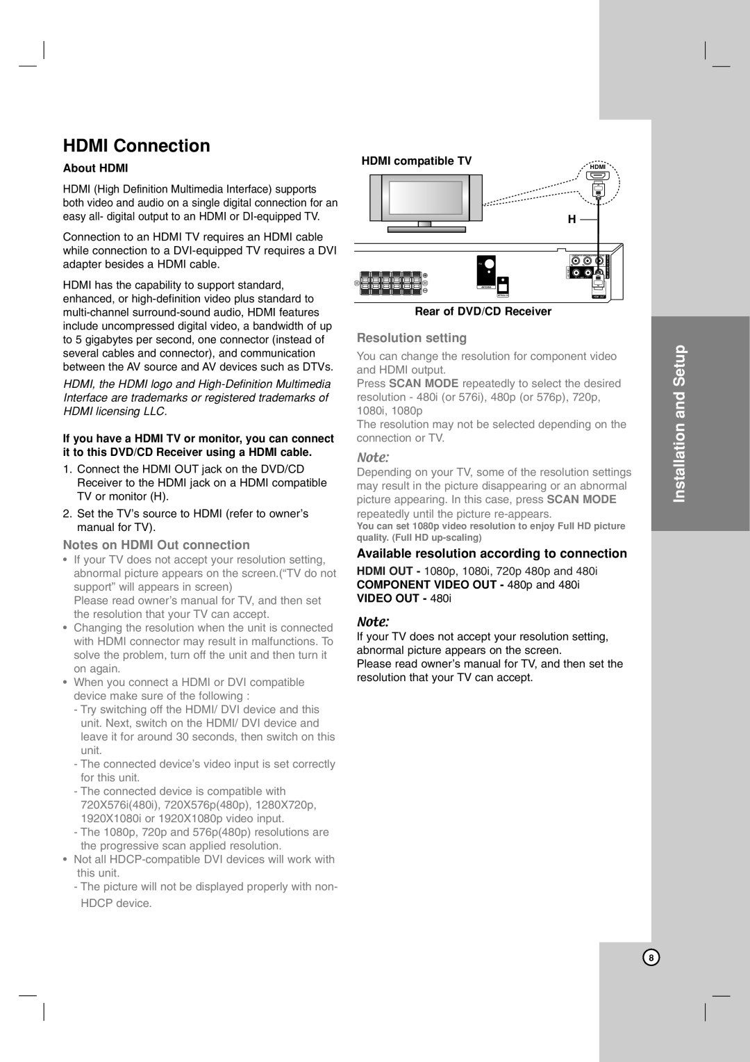 JVC THG31, TH-G31 manual HDMI Connection, Installation and Setup, Available resolution according to connection, About HDMI 
