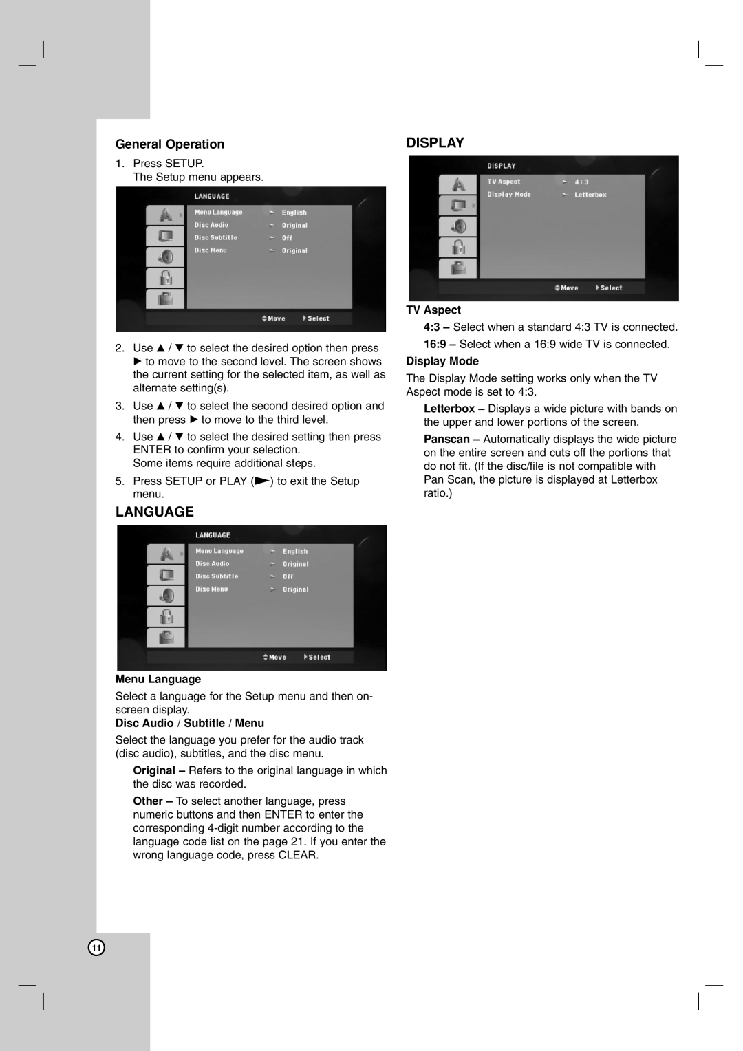 JVC TH-G31, THG31 manual General Operation, Menu Language, Disc Audio / Subtitle / Menu, TV Aspect, Display Mode 