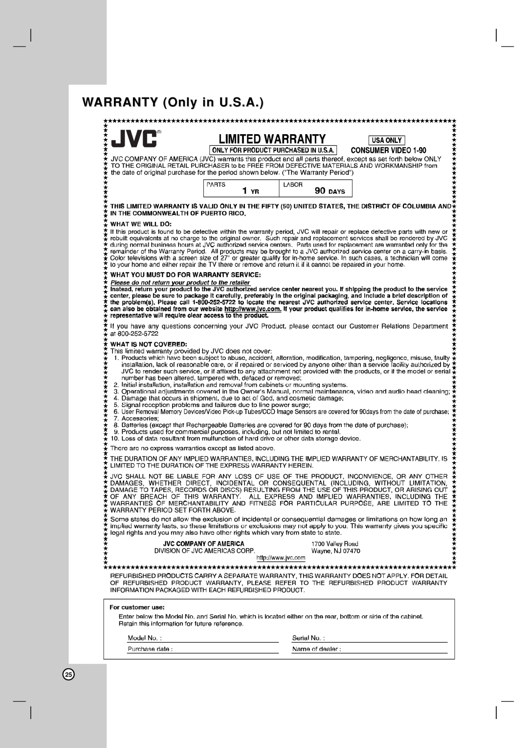 JVC TH-G31, THG31 manual WARRANTY Only in U.S.A 