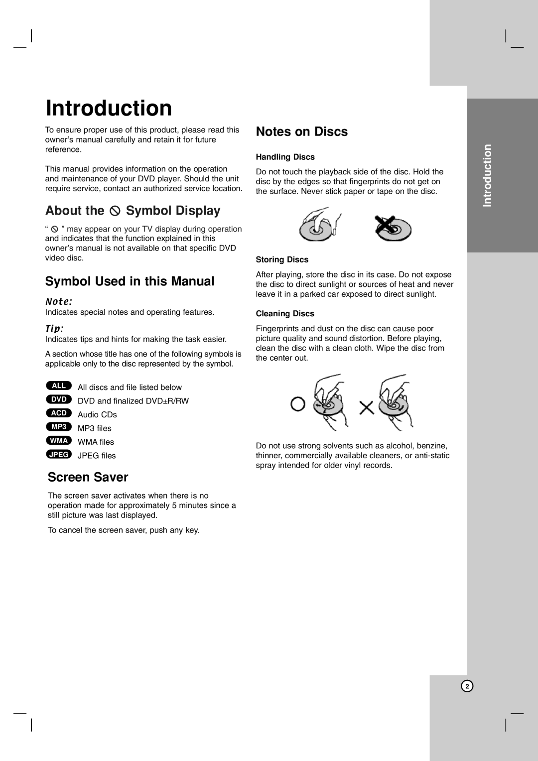JVC THG31 Introduction, Symbol Used in this Manual, Screen Saver, Notes on Discs, Reference, Handling Discs, Storing Discs 