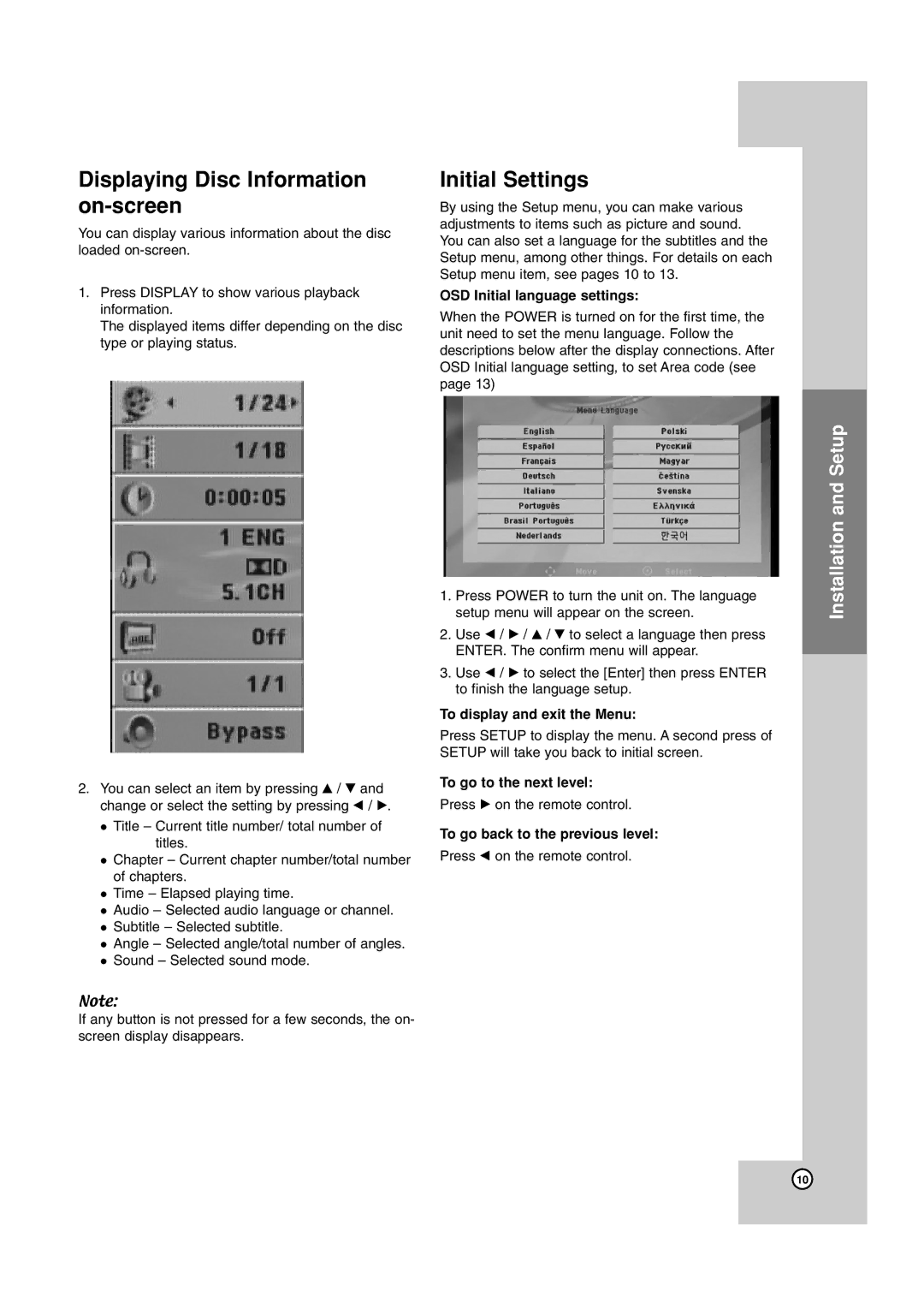 JVC TH-G40 manual Displaying Disc Information on-screen, Initial Settings 