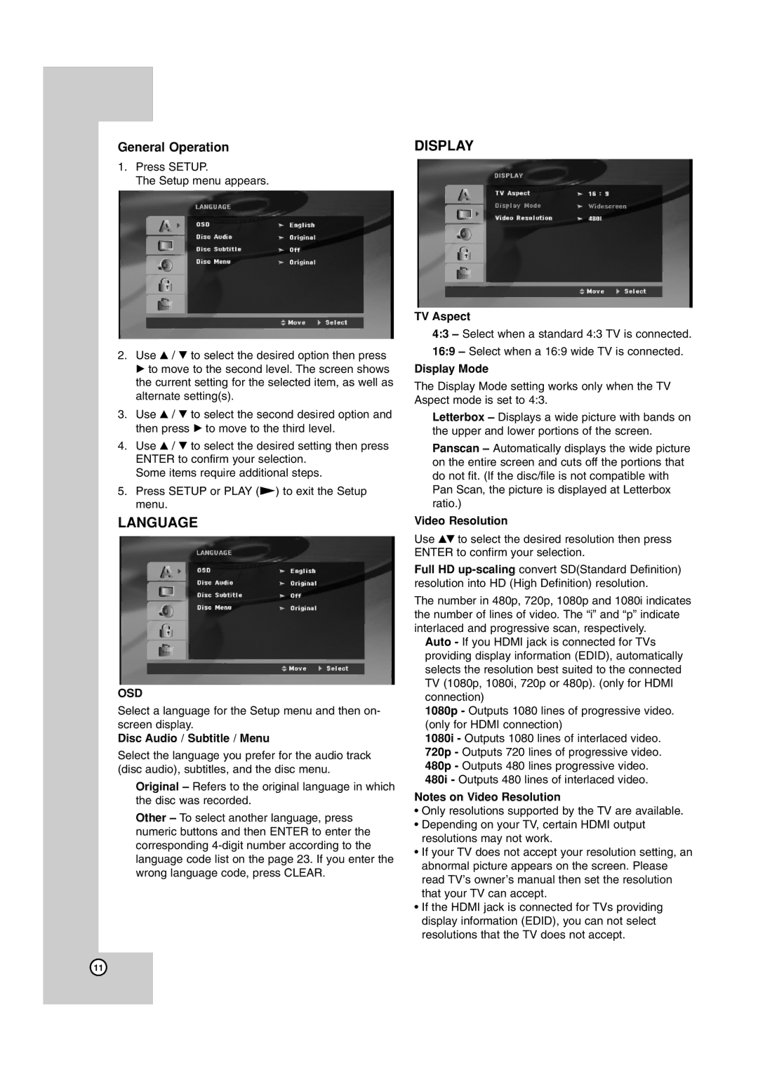 JVC TH-G40 manual Disc Audio / Subtitle / Menu, TV Aspect, Display Mode, Video Resolution 