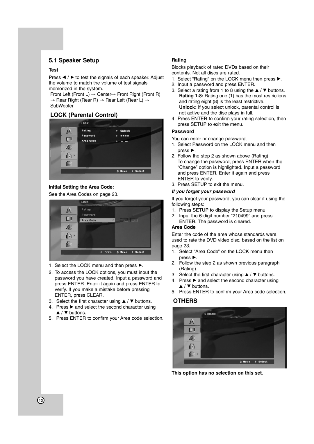 JVC TH-G40 manual Test, Initial Setting the Area Code, Rating, Password, This option has no selection on this set 