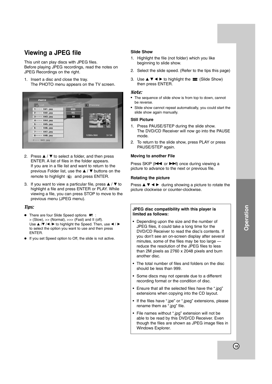 JVC TH-G40 manual Viewing a Jpeg file, Slide Show, Still Picture, Moving to another File, Rotating the picture 