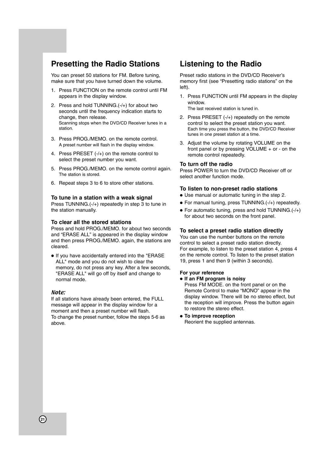 JVC TH-G40 manual Presetting the Radio Stations, Listening to the Radio, For your reference If an FM program is noisy 