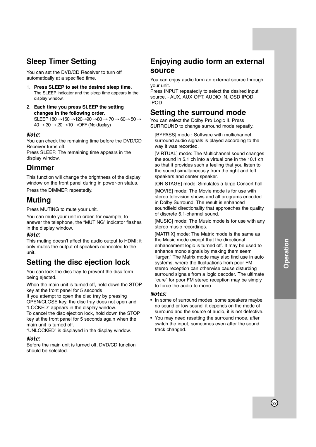 JVC TH-G40 Sleep Timer Setting, Dimmer, Muting, Setting the disc ejection lock, Enjoying audio form an external source 