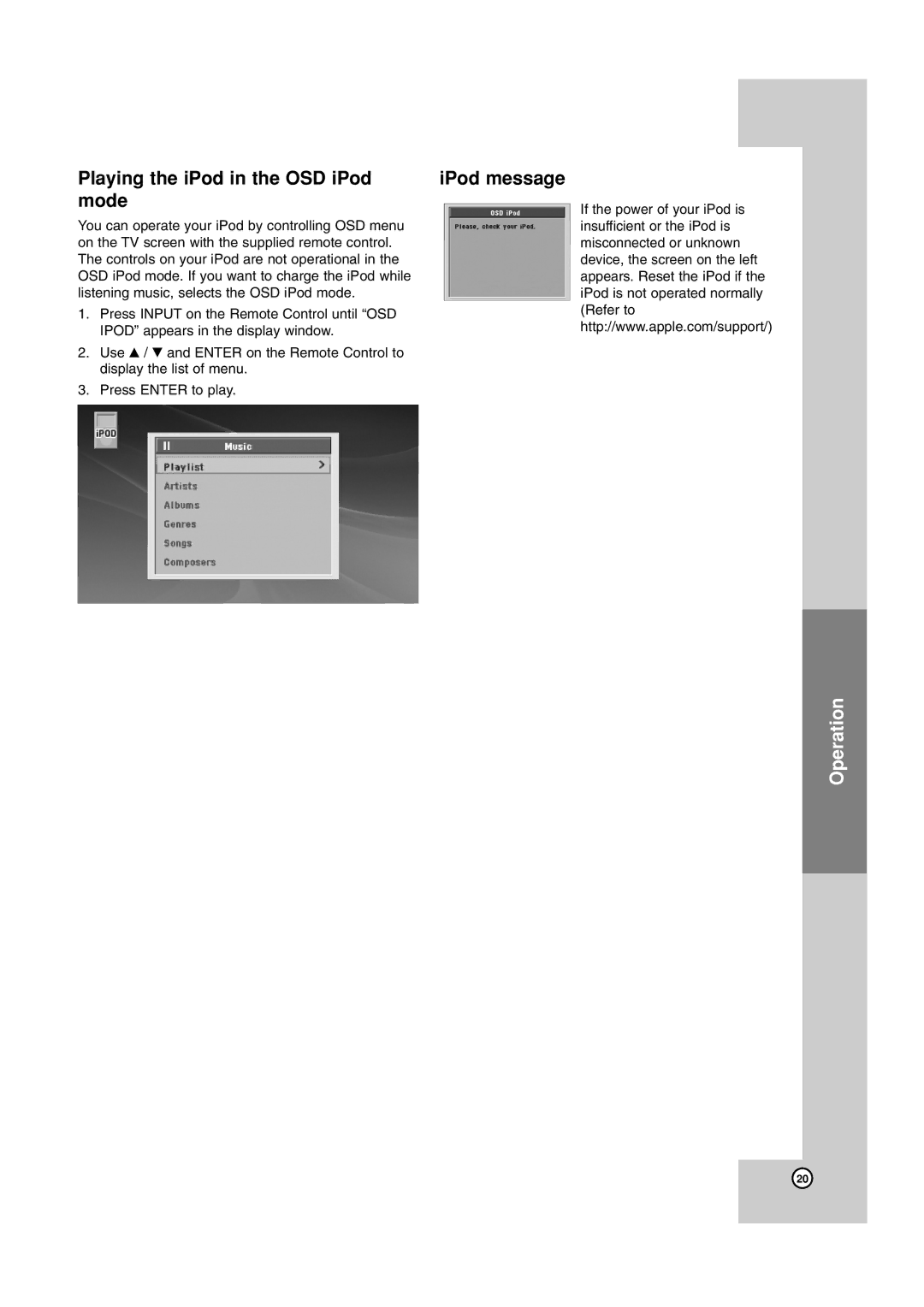 JVC TH-G40 manual Playing the iPod in the OSD iPod IPod message Mode 