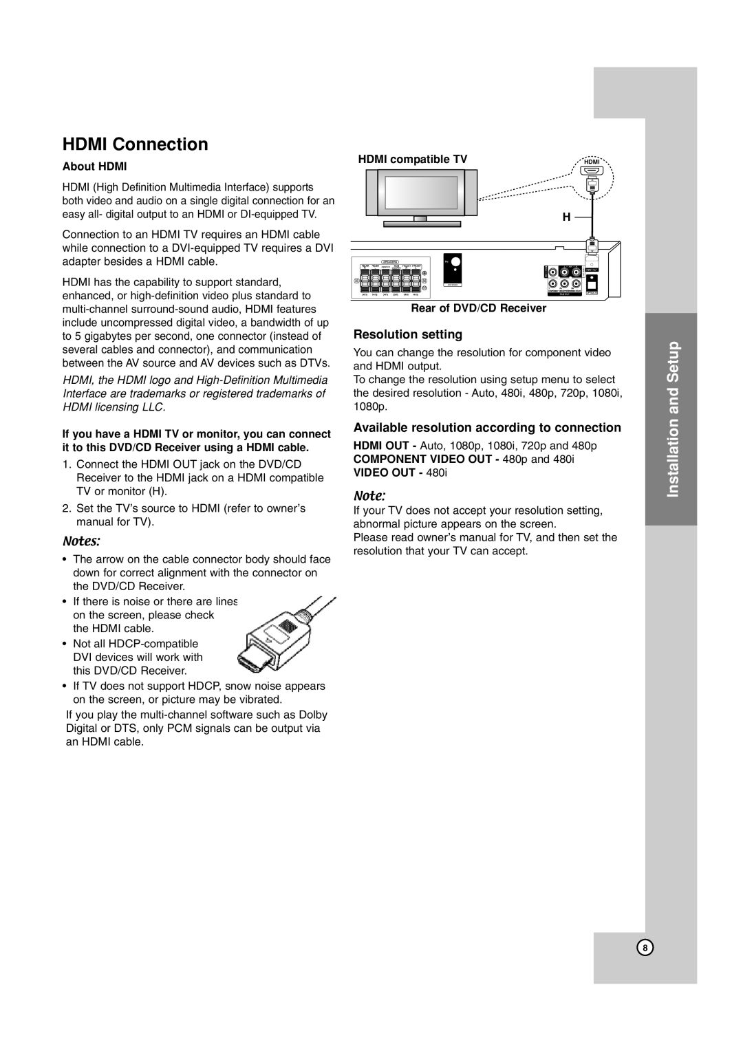 JVC TH-G40 manual HDMI Connection, Installation and Setup, Resolution setting, Available resolution according to connection 