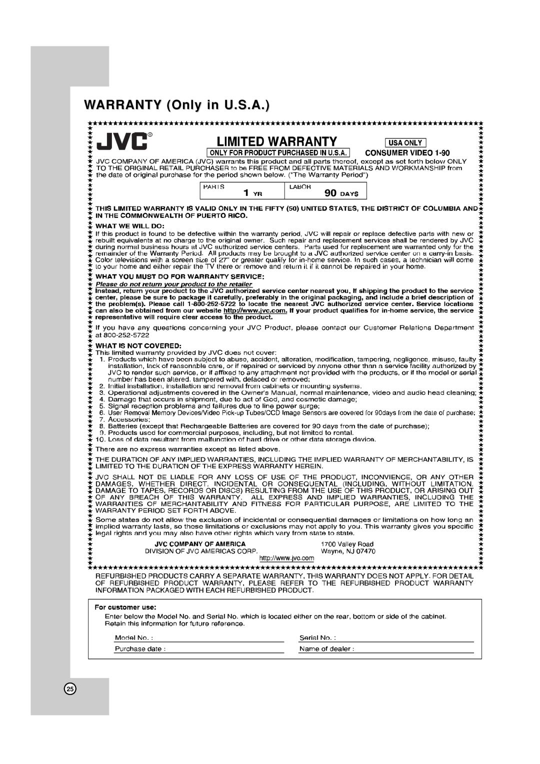 JVC TH-G40 manual WARRANTY Only in U.S.A 