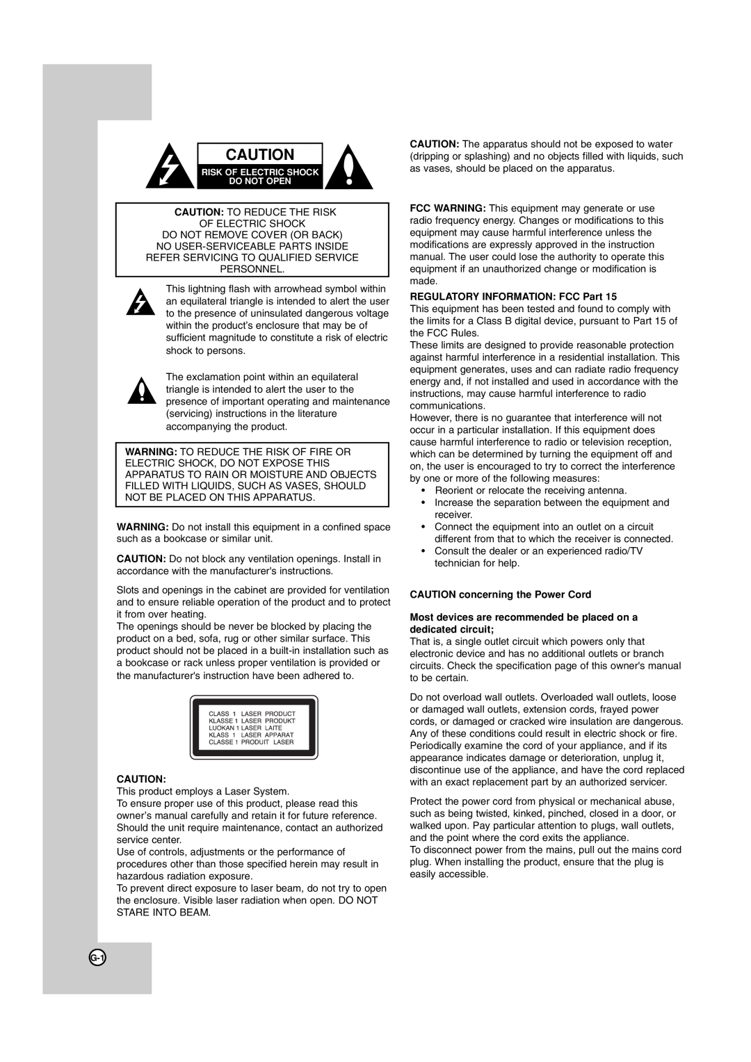 JVC TH-G40 manual REGULATORY INFORMATION FCC Part, CAUTION concerning the Power Cord 